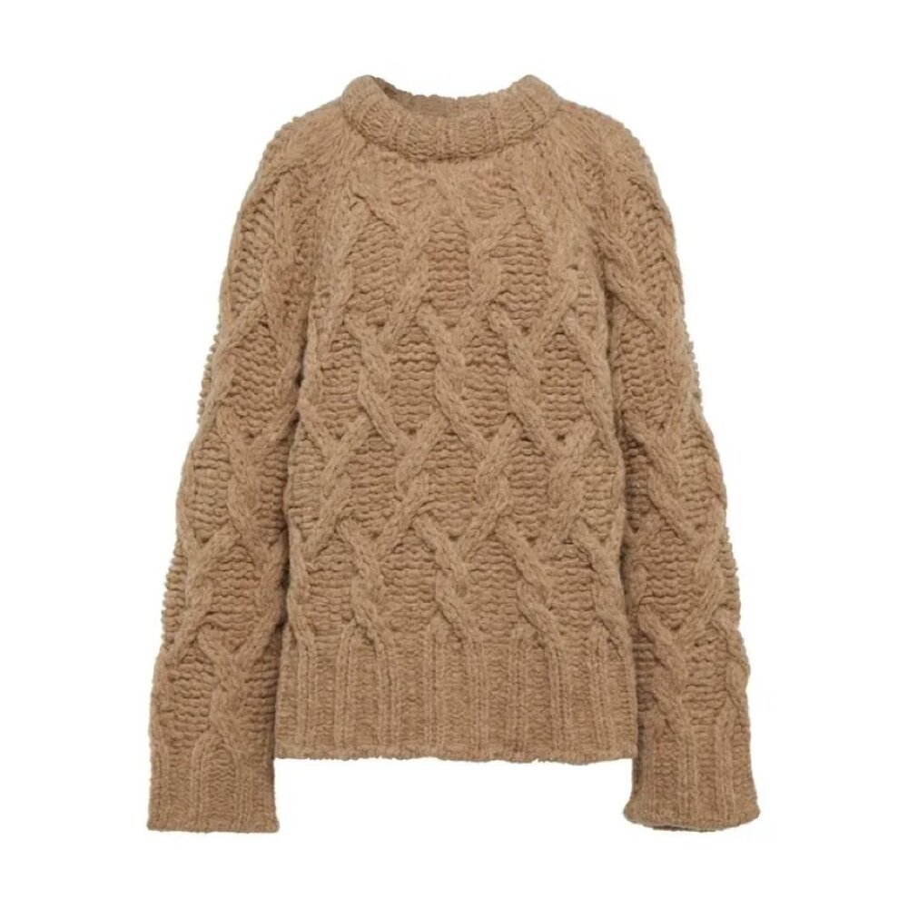 Acne Cable Knit Crewneck Sweater in Camel